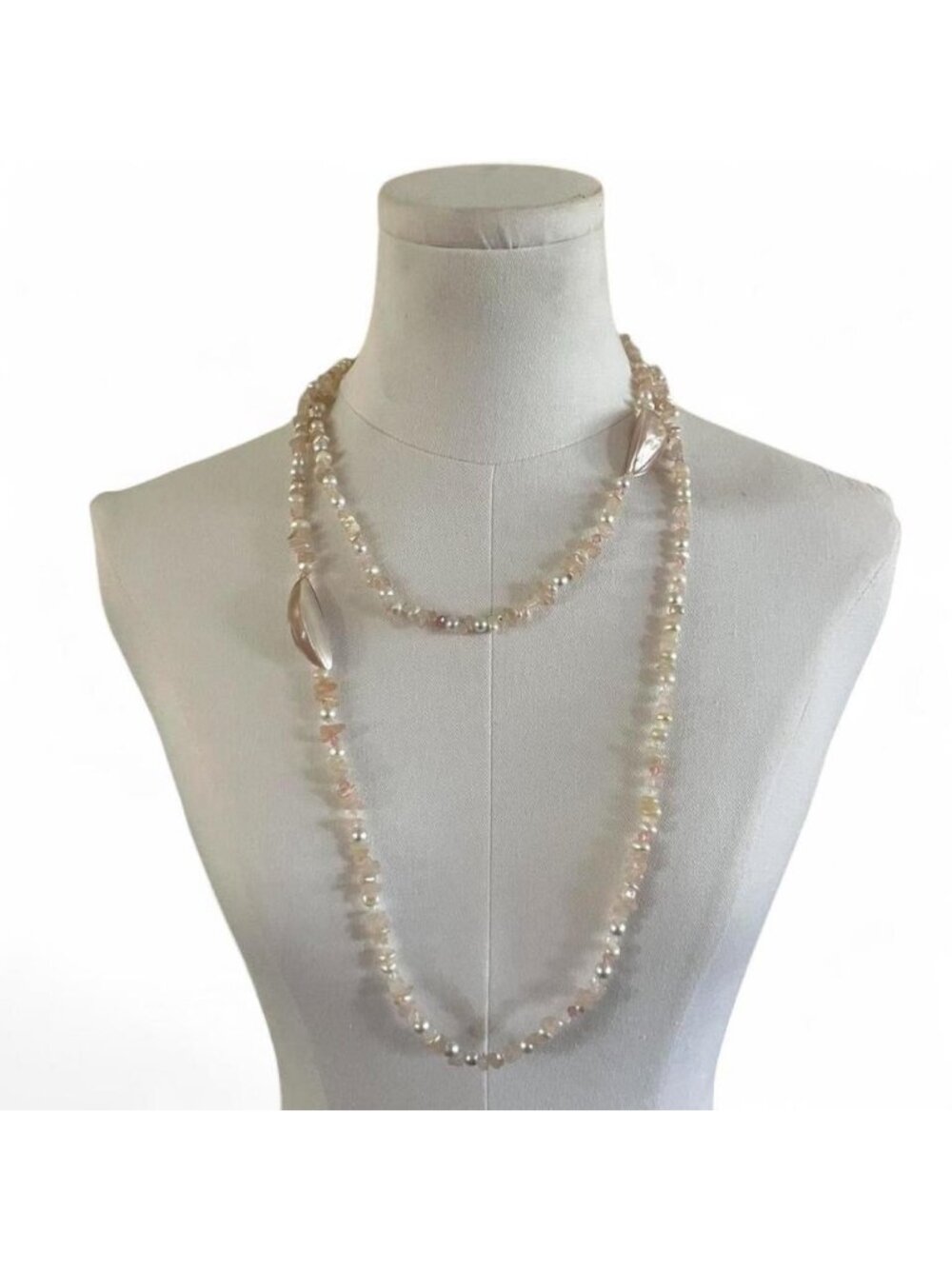 White Round Pearl Beaded Strand Necklace with Shell Oval Charm Accents